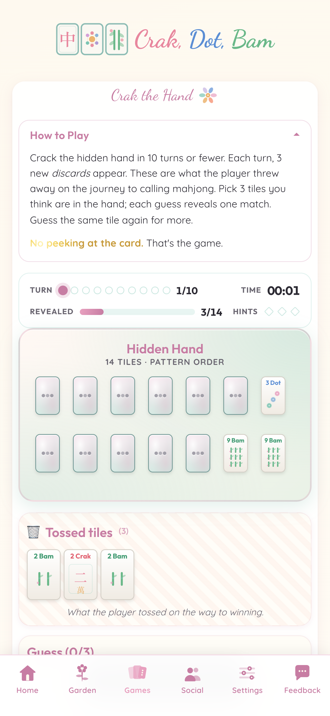 Crak the Hand mid-puzzle: turn one of ten, three of fourteen tiles revealed, the player's guesses laid out on a rack.